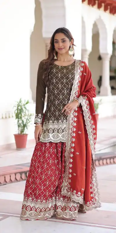 KA 1226 Brown Vichitra Silk Salwar Suit with Zari Work & Embroidery Work. Introductory Price ₹2649. Delivery 4-6 Working Days. Shop now. | Jump Suits, Straight Suits, Casual Suits, Creative suits, Designer Suits, Palazzo Suits, Party Wear Suits, Patiala Suits, Salwar suit