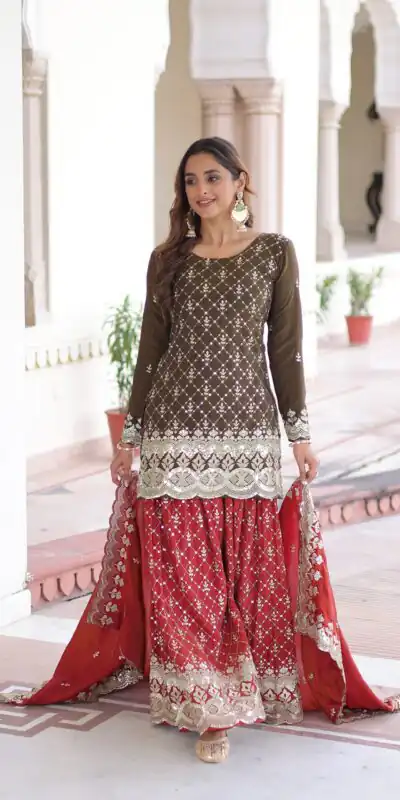 KA 1226 Brown Vichitra Silk Salwar Suit with Zari Work & Embroidery Work. Introductory Price ₹2649. Delivery 4-6 Working Days. Shop now. | Jump Suits, Straight Suits, Casual Suits, Creative suits, Designer Suits, Palazzo Suits, Party Wear Suits, Patiala Suits, Salwar suit