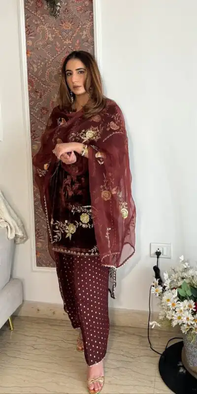 MF 488 Brown Viscose Velvet Salwar Suit. Perfect for Wedding, Party, Lohri, Makar Sankranti, Engagement – Affordable Price ₹2149. Delivery 4-6 Workin | Jump Suits, Straight Suits, Casual Suits, Creative suits, Designer Suits, Palazzo Suits, Party Wear Suits, Patiala Suits, Salwar suit