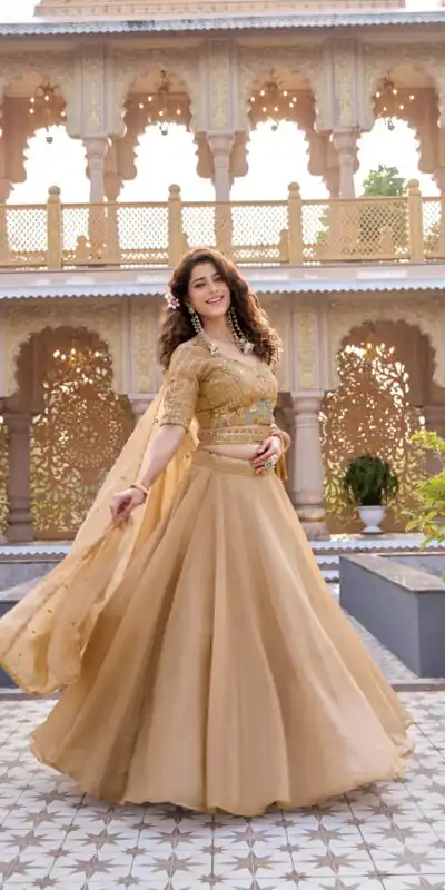 Ram 160 Chiku Color Crunchy Lehenga Choli with Embroidery Work. Online Festive Deal ₹3199. Delivery 4-6 Working Days. Shop now. | Bollywood Lehenga, Creative Lehenga, Designer Lehenga, Embroidered Lehenga, Lehenga, Party Wear Lehenga