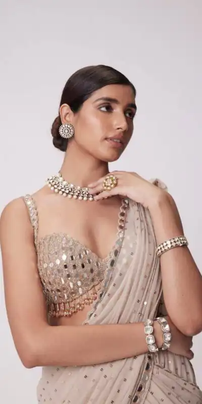 BD 1821 Chiku in Faux Georgette Mirror Work Saree . Wedding, Party, Festive, Events, Grab it for ₹2499. Delivery 4-6 Working Days. Shop now. | Bollywood Sarees, Creative Sarees, Designer Sarees, Embroidered Sarees, Ethnic Saree, Modern Digital sarees, Party Wear Sarees, Sarees