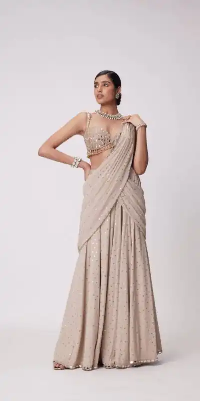 BD 1821 Chiku in Faux Georgette Mirror Work Saree . Wedding, Party, Festive, Events, Grab it for ₹2499. Delivery 4-6 Working Days. Shop now. | Bollywood Sarees, Creative Sarees, Designer Sarees, Embroidered Sarees, Ethnic Saree, Modern Digital sarees, Party Wear Sarees, Sarees