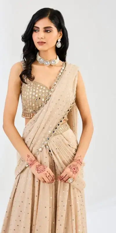 BD 1821 Chiku in Faux Georgette Mirror Work Saree . Wedding, Party, Festive, Events, Grab it for ₹2499. Delivery 4-6 Working Days. Shop now. | Bollywood Sarees, Creative Sarees, Designer Sarees, Embroidered Sarees, Ethnic Saree, Modern Digital sarees, Party Wear Sarees, Sarees