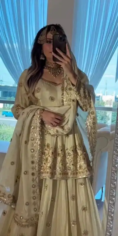 ST 1159 Cream Chinon Lehenga Choli with Embroidery Work & Mirror Work. Grab it for ₹2549. Delivery 4-6 Working Days. Shop now. | Bollywood Lehenga, Creative Lehenga, Designer Lehenga, Embroidered Lehenga, Lehenga, Party Wear Lehenga