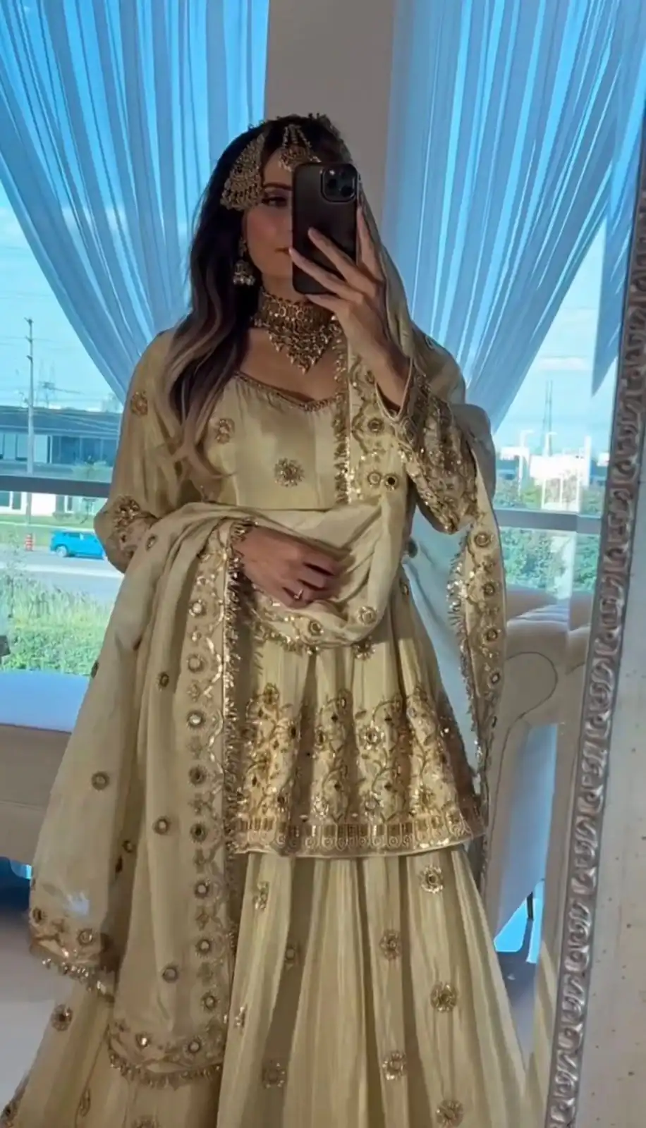 ST 1159 Cream Chinon Lehenga Choli with Embroidery Work & Mirror Work. Grab it for ₹2549. Delivery 4-6 Working Days. Shop now. | Bollywood Lehenga, Creative Lehenga, Designer Lehenga, Embroidered Lehenga, Lehenga, Party Wear Lehenga