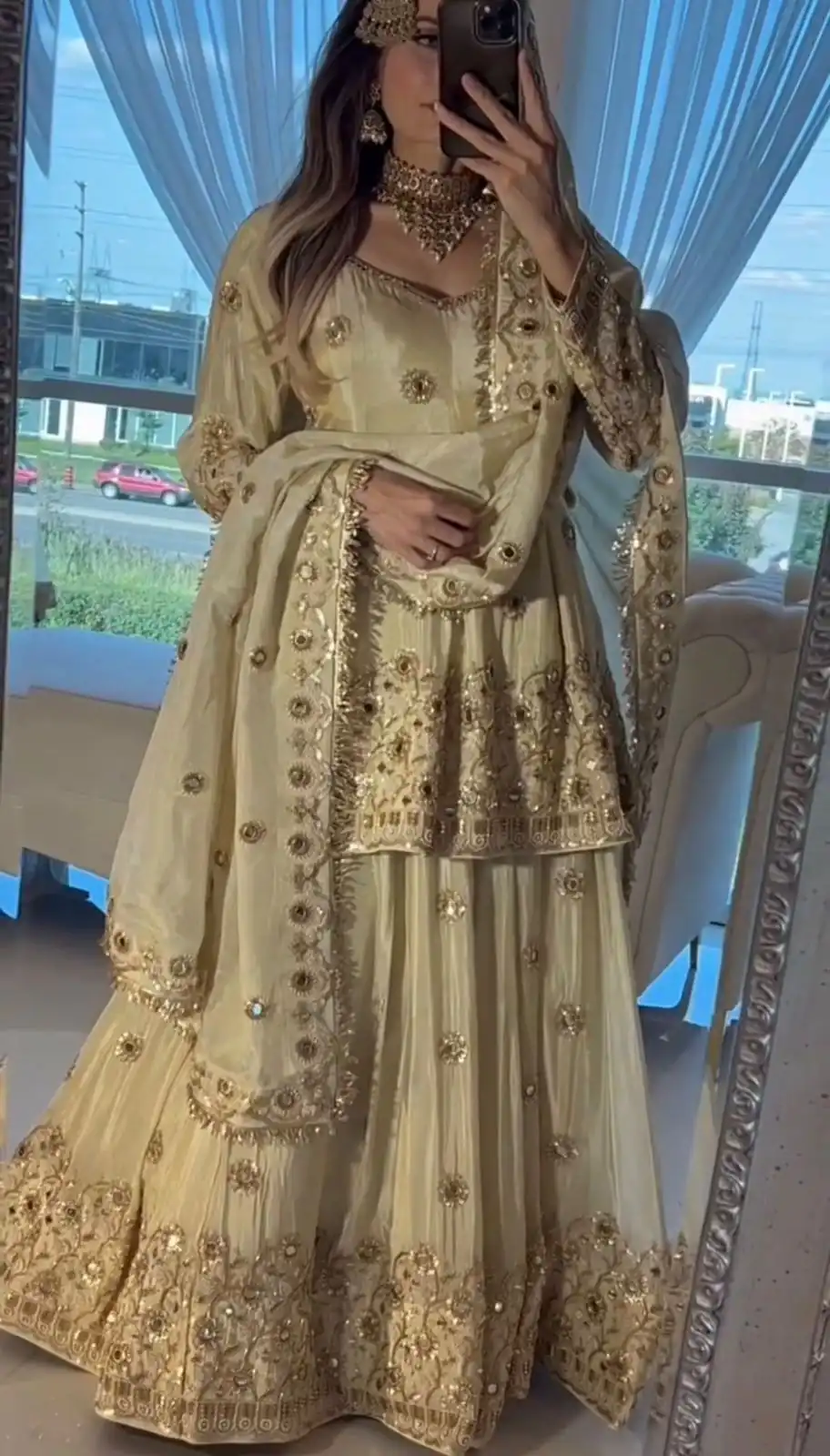 ST 1159 Cream Chinon Lehenga Choli with Embroidery Work & Mirror Work. Grab it for ₹2549. Delivery 4-6 Working Days. Shop now. | Bollywood Lehenga, Creative Lehenga, Designer Lehenga, Embroidered Lehenga, Lehenga, Party Wear Lehenga