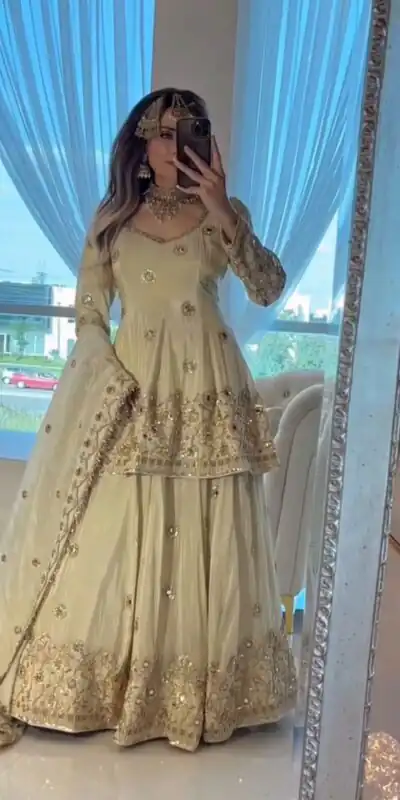 ST 1159 Cream Chinon Lehenga Choli with Embroidery Work & Mirror Work. Grab it for ₹2549. Delivery 4-6 Working Days. Shop now. | Bollywood Lehenga, Creative Lehenga, Designer Lehenga, Embroidered Lehenga, Lehenga, Party Wear Lehenga