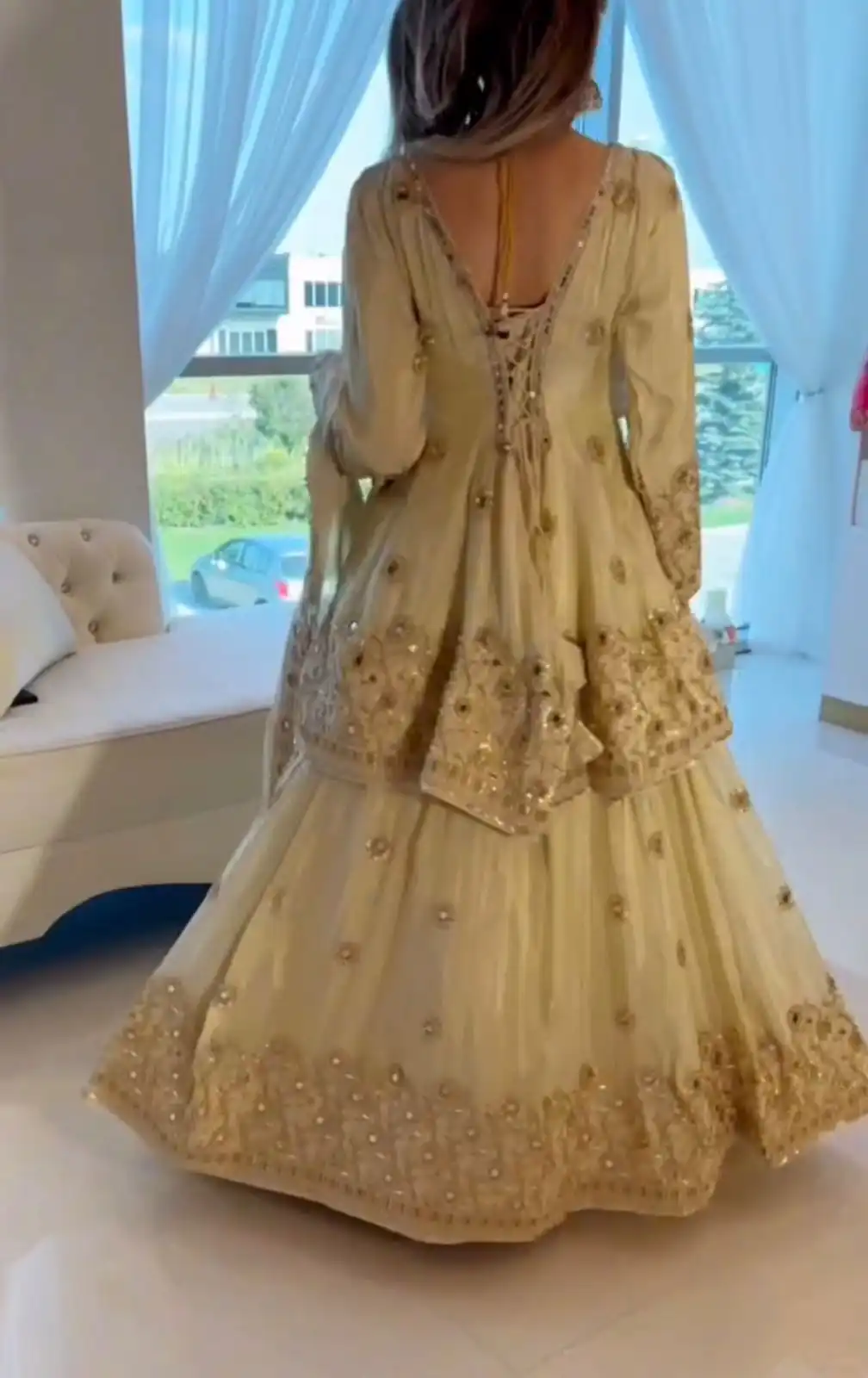 ST 1159 Cream Chinon Lehenga Choli with Embroidery Work & Mirror Work. Grab it for ₹2549. Delivery 4-6 Working Days. Shop now. | Bollywood Lehenga, Creative Lehenga, Designer Lehenga, Embroidered Lehenga, Lehenga, Party Wear Lehenga