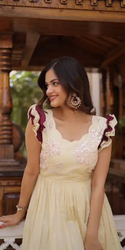 KA 1234 Cream Color Cotton Gown with Sequins Work & Embroidery Work. Festive Deal ₹1819. Delivery 4-6 Working Days. Shop now. | Bollywood Gowns, Creative Gowns, Designer Gowns, Embroidered Gowns, Gowns, Party Wear Gowns