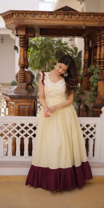 KA 1234 Cream Color Cotton Gown with Sequins Work & Embroidery Work. Festive Deal ₹1819. Delivery 4-6 Working Days. Shop now. | Bollywood Gowns, Creative Gowns, Designer Gowns, Embroidered Gowns, Gowns, Party Wear Gowns