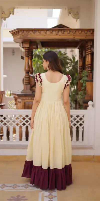 KA 1234 Cream Color Cotton Gown with Sequins Work & Embroidery Work. Festive Deal ₹1819. Delivery 4-6 Working Days. Shop now. | Bollywood Gowns, Creative Gowns, Designer Gowns, Embroidered Gowns, Gowns, Party Wear Gowns