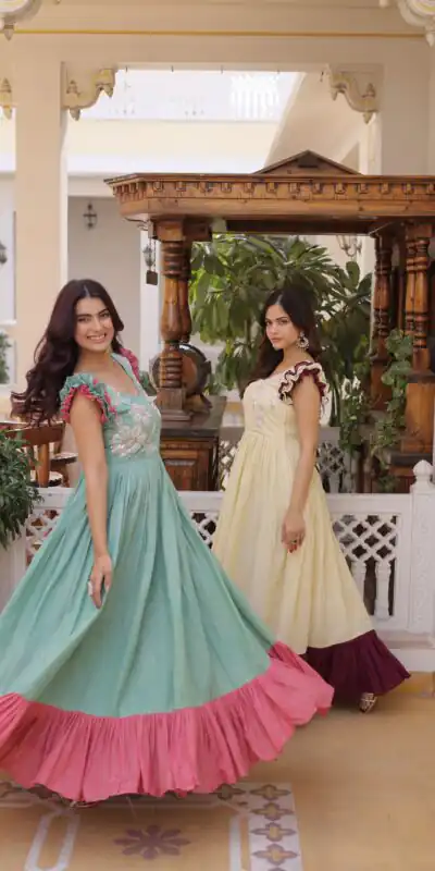 KA 1234 Cream Color Cotton Gown with Sequins Work & Embroidery Work. Festive Deal ₹1819. Delivery 4-6 Working Days. Shop now. | Bollywood Gowns, Creative Gowns, Designer Gowns, Embroidered Gowns, Gowns, Party Wear Gowns