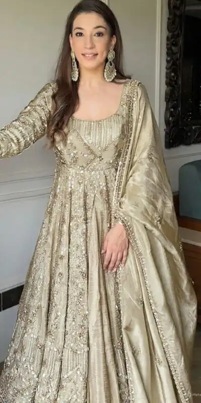 VLM 297 Cream Crunchy Silk with Lace Work & Embroidery Work Gown . Introductory Price ₹2499. Delivery 4-6 Working Days. Shop now. | Bollywood Gowns, Creative Gowns, Designer Gowns, Embroidered Gowns, Gowns, Party Wear Gowns