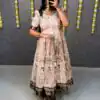 MF 666 Cream Malai Satin Gown with Digital Print & Kalamkari Print. Now at just ₹1499. Delivery 4-6 Working Days. Shop now. | Bollywood Gowns, Creative Gowns, Designer Gowns, Embroidered Gowns, Gowns, Party Wear Gowns