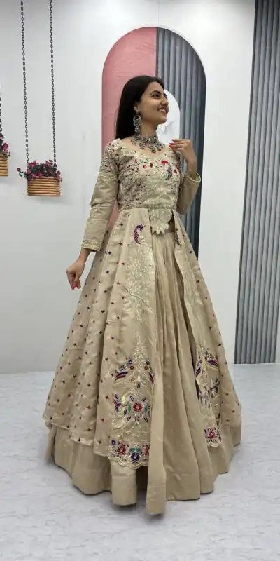 PC 528 Cream Color Vichitra Sequence Work Lehenga Choli Designer Work. Grab it for ₹2649. Delivery 4-6 Working Days. Shop now. | Bollywood Lehenga, Creative Lehenga, Designer Lehenga, Embroidered Lehenga, Lehenga, Party Wear Lehenga