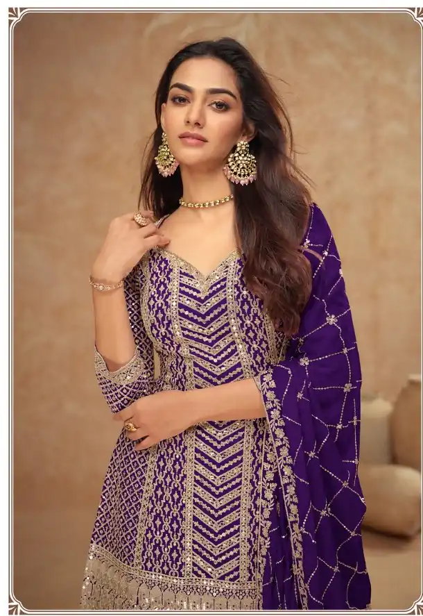 FC 7518 Dark Purple Chinon Salwar Suit Perfect for Wedding, Party, Diwali, Durga Puja, Temple Visit – . Festive Deal ₹3099. Delivery 4-6 Working Days. | Jump Suits, Straight Suits, Tops & Bottoms, Track Suits, Trendy Wear, Casual Suits, Creative suits, Designer Suits, Palazzo Suits, Party Wear Suits, Patiala Suits, Salwar suit