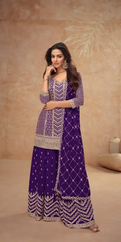 FC 7518 Dark Purple Chinon Salwar Suit Perfect for Wedding, Party, Diwali, Durga Puja, Temple Visit – . Festive Deal ₹3099. Delivery 4-6 Working Days. | Jump Suits, Straight Suits, Tops & Bottoms, Track Suits, Trendy Wear, Casual Suits, Creative suits, Designer Suits, Palazzo Suits, Party Wear Suits, Patiala Suits, Salwar suit