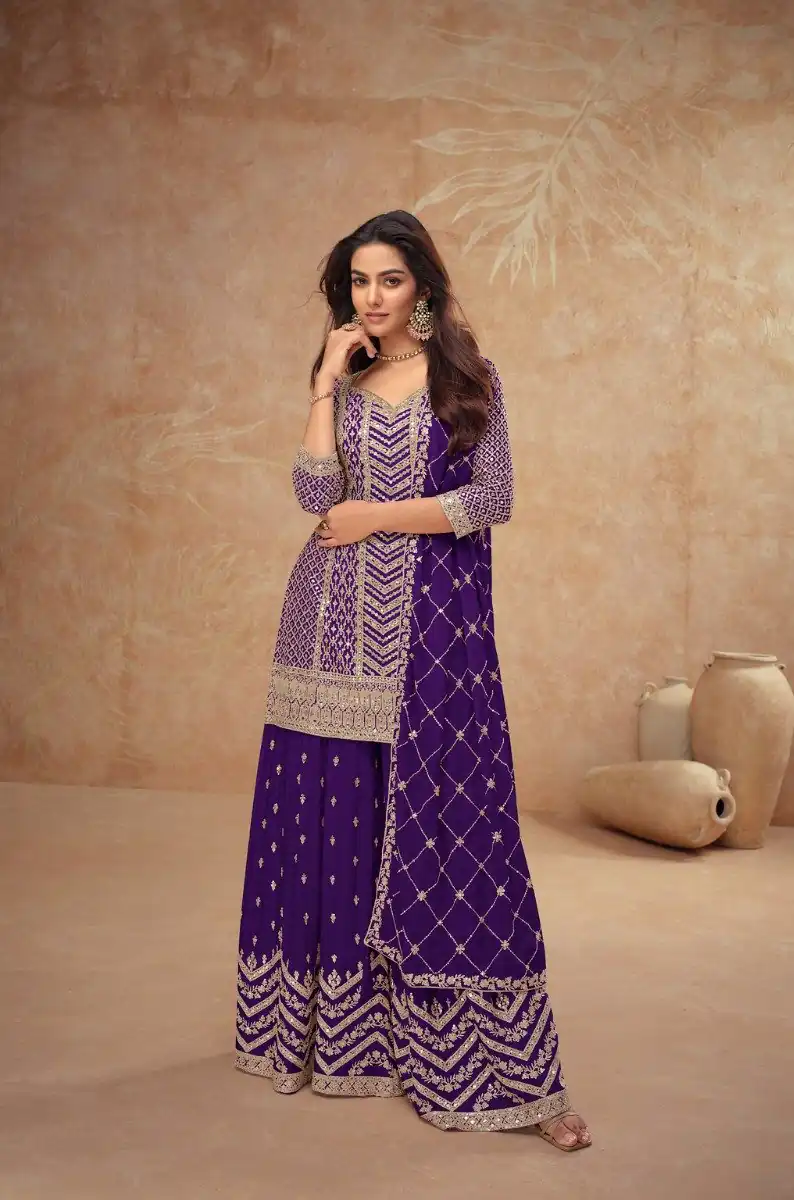 FC 7518 Dark Purple Chinon Salwar Suit Perfect for Wedding, Party, Diwali, Durga Puja, Temple Visit – . Festive Deal ₹3099. Delivery 4-6 Working Days. | Jump Suits, Straight Suits, Tops & Bottoms, Track Suits, Trendy Wear, Casual Suits, Creative suits, Designer Suits, Palazzo Suits, Party Wear Suits, Patiala Suits, Salwar suit