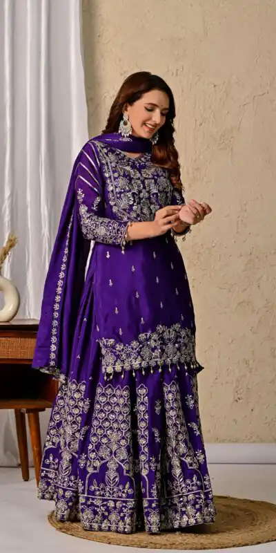 NF 1245 Dark Purple Chinon Silk Lehenga Choli with Embroidery Work & Zari Work. Now at just ₹2449. Delivery 4-6 Working Days. Shop now. | Bollywood Lehenga, Creative Lehenga, Designer Lehenga, Embroidered Lehenga, Lehenga, Party Wear Lehenga