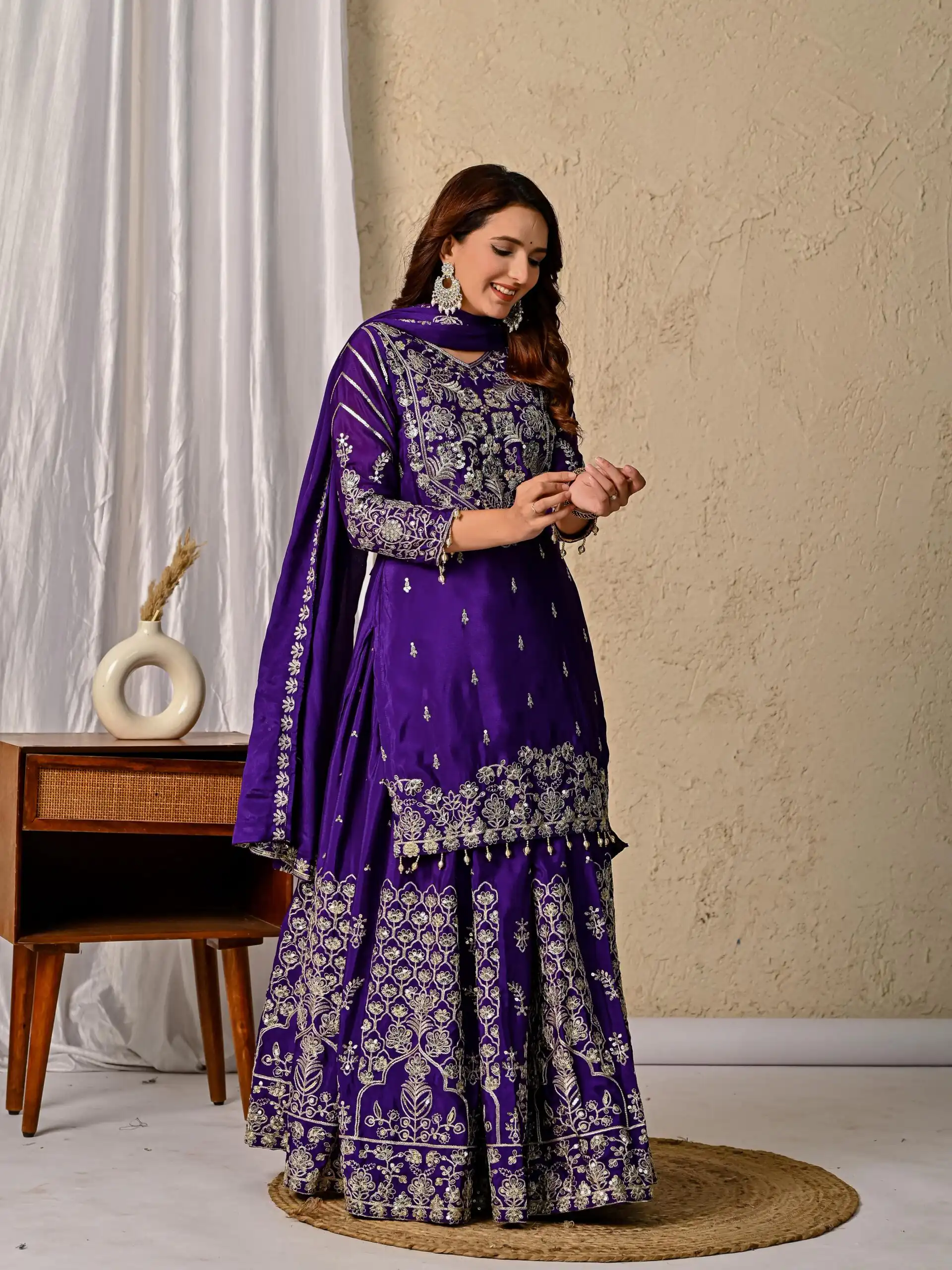 NF 1245 Dark Purple Chinon Silk Lehenga Choli with Embroidery Work & Zari Work. Now at just ₹2449. Delivery 4-6 Working Days. Shop now. | Bollywood Lehenga, Creative Lehenga, Designer Lehenga, Embroidered Lehenga, Lehenga, Party Wear Lehenga