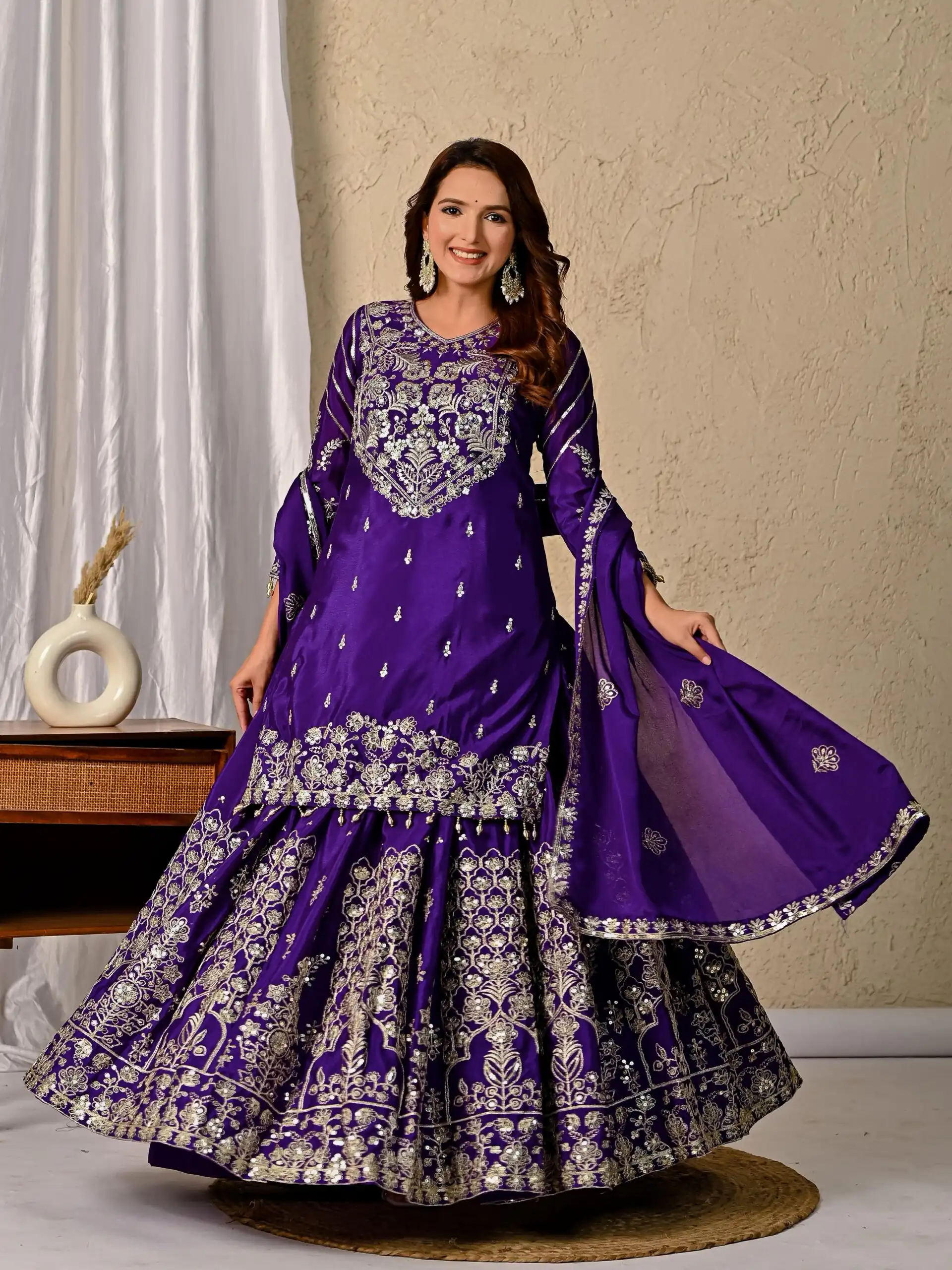 NF 1245 Dark Purple Chinon Silk Lehenga Choli with Embroidery Work & Zari Work. Now at just ₹2449. Delivery 4-6 Working Days. Shop now. | Bollywood Lehenga, Creative Lehenga, Designer Lehenga, Embroidered Lehenga, Lehenga, Party Wear Lehenga