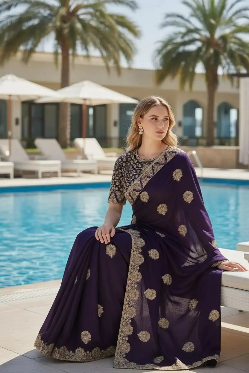 BT 442 Dark Purple in Fandy Satin Silk. Embroidery Work & Zari Work Saree Affordable Price ₹1999. Delivery 4-6 Working Days. Shop now. | Bollywood Sarees, Creative Sarees, Designer Sarees, Embroidered Sarees, Ethnic Saree, Modern Digital sarees, Party Wear Sarees, Sarees