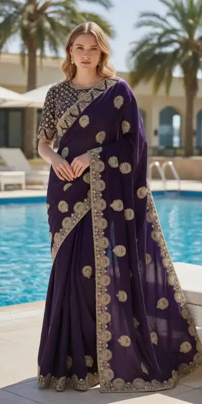 BT 442 Dark Purple in Fandy Satin Silk. Embroidery Work & Zari Work Saree Affordable Price ₹1999. Delivery 4-6 Working Days. Shop now. | Bollywood Sarees, Creative Sarees, Designer Sarees, Embroidered Sarees, Ethnic Saree, Modern Digital sarees, Party Wear Sarees, Sarees
