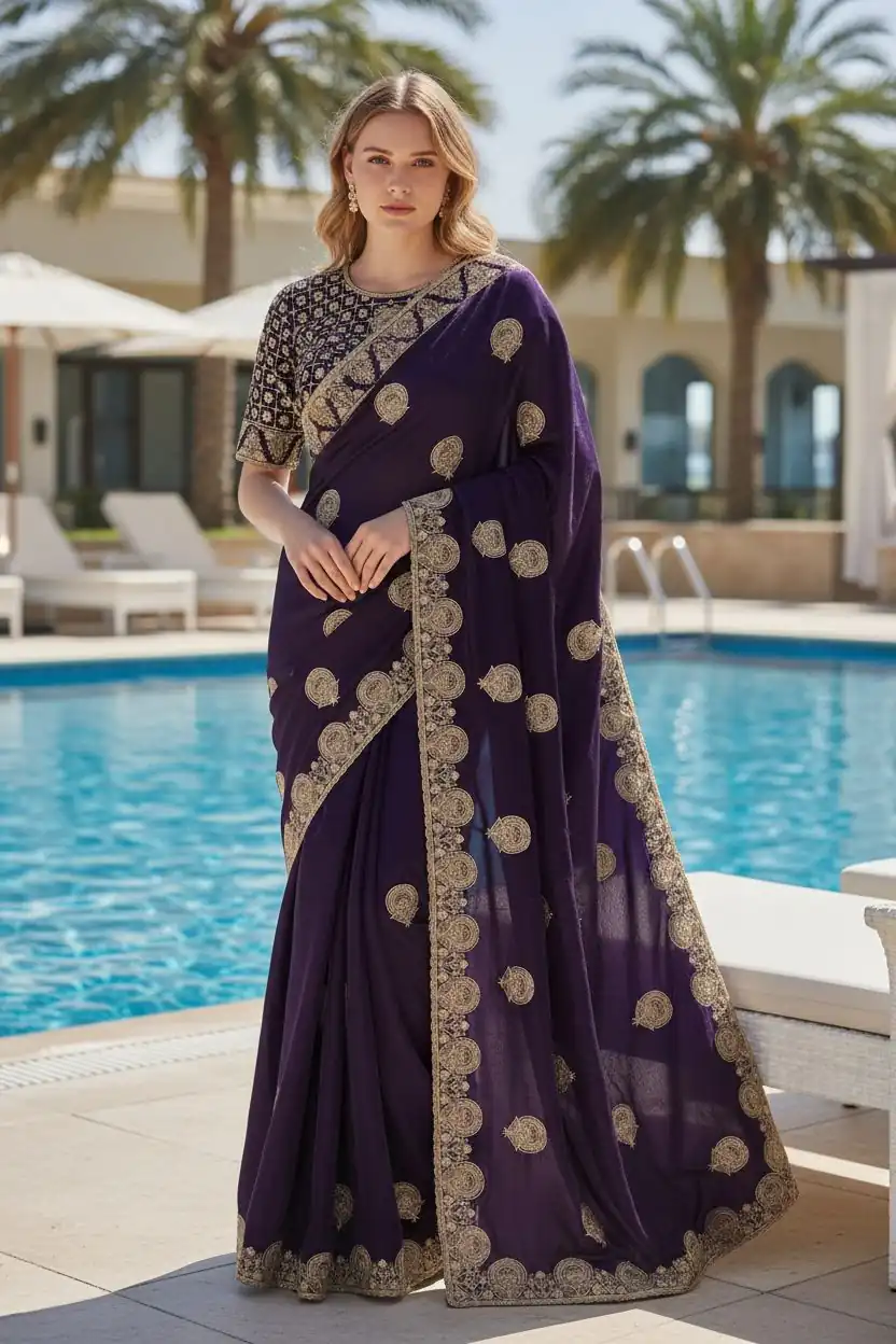 BT 442 Dark Purple in Fandy Satin Silk. Embroidery Work & Zari Work Saree Affordable Price ₹1999. Delivery 4-6 Working Days. Shop now. | Bollywood Sarees, Creative Sarees, Designer Sarees, Embroidered Sarees, Ethnic Saree, Modern Digital sarees, Party Wear Sarees, Sarees