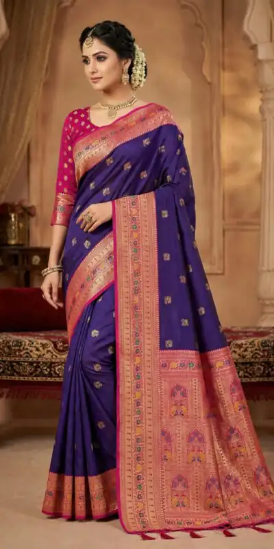MB 18 Dark Purple in Color Meenakari Zari Work & Lace Work Saree work. Exclusive Offer ₹2399. Delivery 4-6 Working Days. Shop now. | Bollywood Sarees, Creative Sarees, Designer Sarees, Embroidered Sarees, Ethnic Saree, Modern Digital sarees, Party Wear Sarees, Sarees