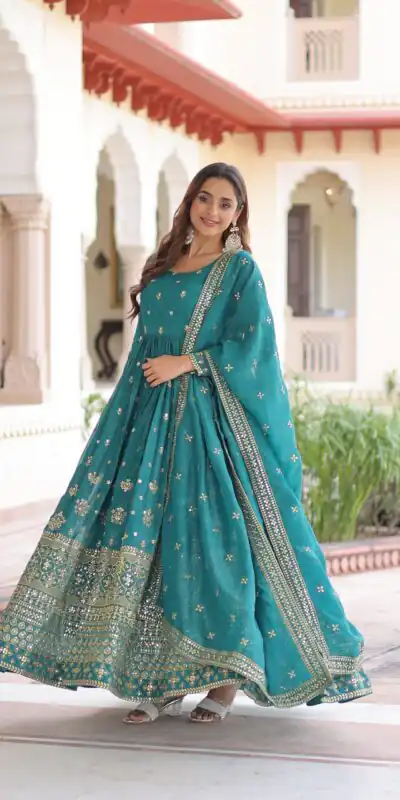 EKA 1216 Firozi in Silver Crunchy mbroidery Work & Sequins Work Gown . Available at ₹2649 only. Delivery 4-6 Working Days. Shop now. | Bollywood Gowns, Creative Gowns, Designer Gowns, Embroidered Gowns, Gowns, Party Wear Gowns