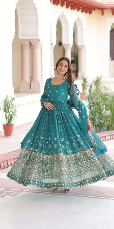 EKA 1216 Firozi in Silver Crunchy mbroidery Work & Sequins Work Gown . Available at ₹2649 only. Delivery 4-6 Working Days. Shop now. | Bollywood Gowns, Creative Gowns, Designer Gowns, Embroidered Gowns, Gowns, Party Wear Gowns