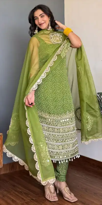 ST 1142 Green Faux Georgette Salwar Suit with Mirror Work & Embroidery Work. Introductory Price ₹2449. Delivery 4-6 Working Days. Shop now. | Jump Suits, Straight Suits, Casual Suits, Creative suits, Designer Suits, Palazzo Suits, Party Wear Suits, Patiala Suits, Salwar suit