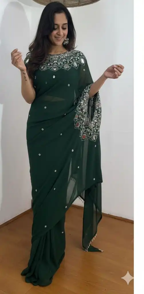 ST 1157 Green in Faux Georgette Mirror Work & Embroidery Work Saree. Festive Deal ₹1899. Delivery 4-6 Working Days. Shop now. | Bollywood Sarees, Creative Sarees, Designer Sarees, Embroidered Sarees, Ethnic Saree, Modern Digital sarees, Party Wear Sarees, Sarees