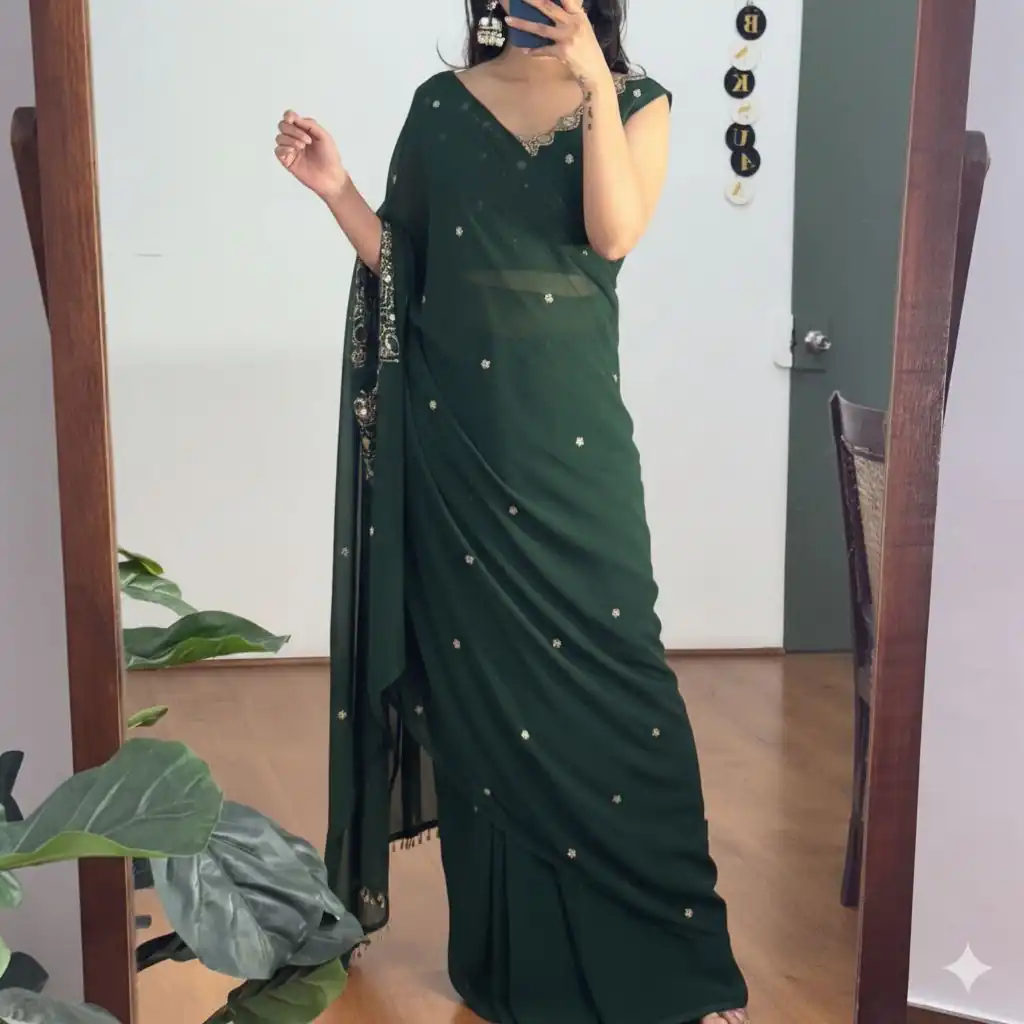 ST 1157 Green in Faux Georgette Mirror Work & Embroidery Work Saree. Festive Deal ₹1899. Delivery 4-6 Working Days. Shop now. | Bollywood Sarees, Creative Sarees, Designer Sarees, Embroidered Sarees, Ethnic Saree, Modern Digital sarees, Party Wear Sarees, Sarees