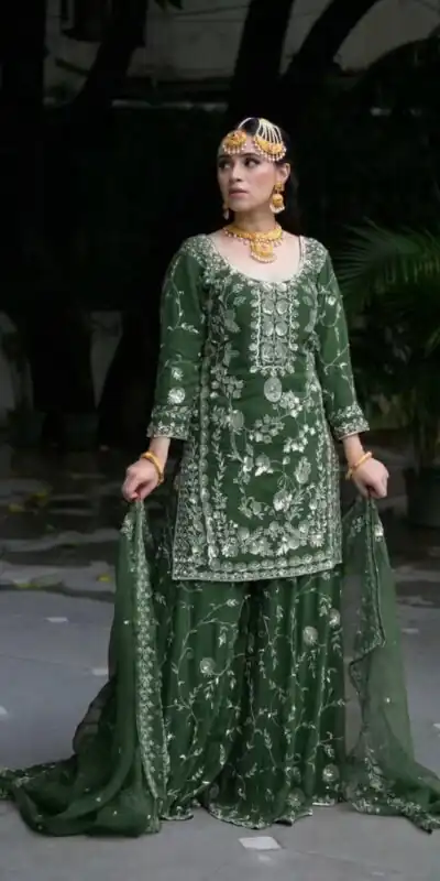 VLM 226 Green Fox Georgette with Embroidery Work & Lace Work Salwar Suit . Festive Deal ₹2499. Delivery 4-6 Working Days. Shop now. | Jump Suits, Straight Suits, Casual Suits, Creative suits, Designer Suits, Palazzo Suits, Party Wear Suits, Patiala Suits, Salwar suit