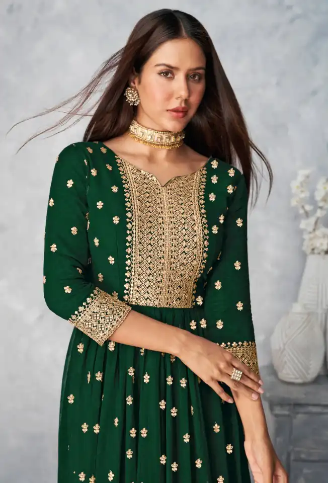 DS A 8584 Green Color Georgette Salwar Suit with Embroidery Work. Special Price ₹1899. Delivery 4-6 Working Days. Shop now. | Jump Suits, Straight Suits, Casual Suits, Creative suits, Designer Suits, Palazzo Suits, Party Wear Suits, Patiala Suits, Salwar suit
