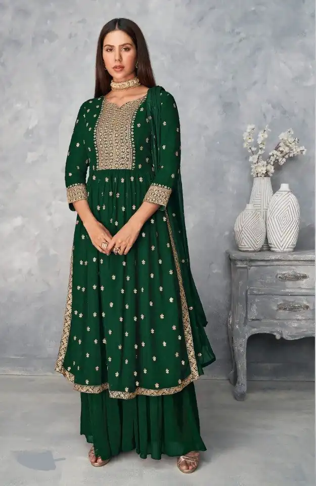 DS A 8584 Green Color Georgette Salwar Suit with Embroidery Work. Special Price ₹1899. Delivery 4-6 Working Days. Shop now. | Jump Suits, Straight Suits, Casual Suits, Creative suits, Designer Suits, Palazzo Suits, Party Wear Suits, Patiala Suits, Salwar suit