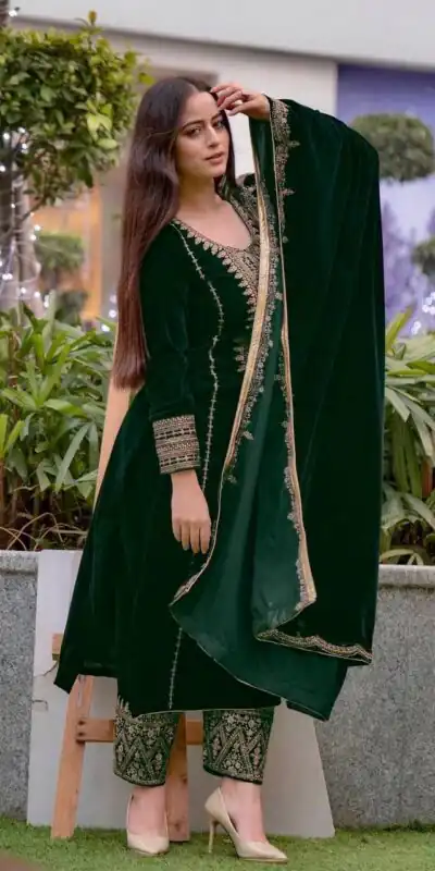 AD 089 Green Viscose Velvet Salwar Suit with Embroidery Work. Affordable Price ₹1999. Delivery 4-6 Working Days. Shop now. | Jump Suits, Straight Suits, Casual Suits, Creative suits, Designer Suits, Palazzo Suits, Party Wear Suits, Patiala Suits, Salwar suit