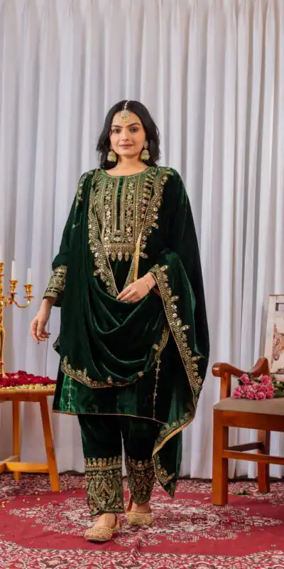 AD 089 Green Viscose Velvet Salwar Suit with Embroidery Work. Affordable Price ₹1999. Delivery 4-6 Working Days. Shop now. | Jump Suits, Straight Suits, Casual Suits, Creative suits, Designer Suits, Palazzo Suits, Party Wear Suits, Patiala Suits, Salwar suit