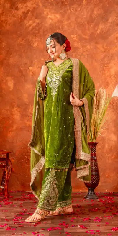 AD 134 Green Color Heavy Pure Viscose Velvet Embroidery Sharara Suit Wedding, Party, Festive, Events Etc. Expected Delivery  4-6 Working Days @2099/- | Jump Suits, Straight Suits, Casual Suits, Creative suits, Designer Suits, Palazzo Suits, Party Wear Suits, Patiala Suits, Salwar suit