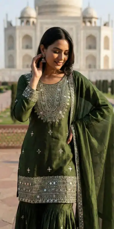 ZSR 3160 Green Zimmy Silk Salwar Suit with Embroidery Work & Mirror Work. Grab it for ₹2399. Delivery 4-6 Working Days. Shop now. | Jump Suits, Straight Suits, Casual Suits, Creative suits, Designer Suits, Palazzo Suits, Party Wear Suits, Patiala Suits, Salwar suit