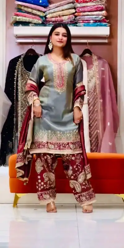 ST 238 Grey in Zimmy Silk. Embroidery Work Salwar Suit Wedding, Party, Festive, Events, Now at just ₹2149. Delivery 4-6 Working Days. Shop now. | Jump Suits, Straight Suits, Casual Suits, Creative suits, Designer Suits, Palazzo Suits, Party Wear Suits, Patiala Suits, Salwar suit