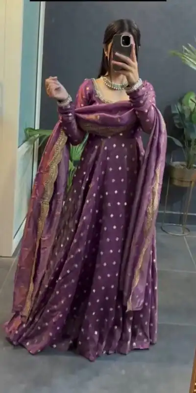 KD 1565 Lavender Fendy Silk Gown. Perfect for Wedding, Party, Reception, Temple Visit, Cultural Events – Festive Deal ₹2099. Delivery 4-6 Working | Bollywood Gowns, Creative Gowns, Designer Gowns, Embroidered Gowns, Gowns, Party Wear Gowns