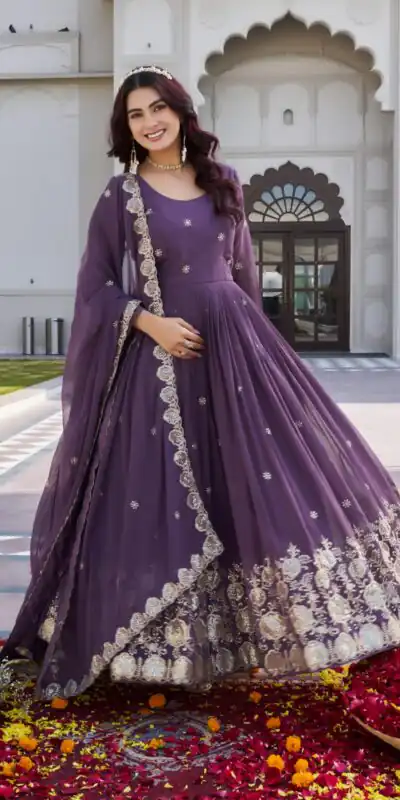 Ram 0153 Lavender in Fox Georgette. Embroidery Work Gown Wedding, Party, Festive, Events Get it for ₹2049. Delivery 4-6 Working Days. Shop now. | Bollywood Gowns, Creative Gowns, Designer Gowns, Embroidered Gowns, Gowns, Party Wear Gowns