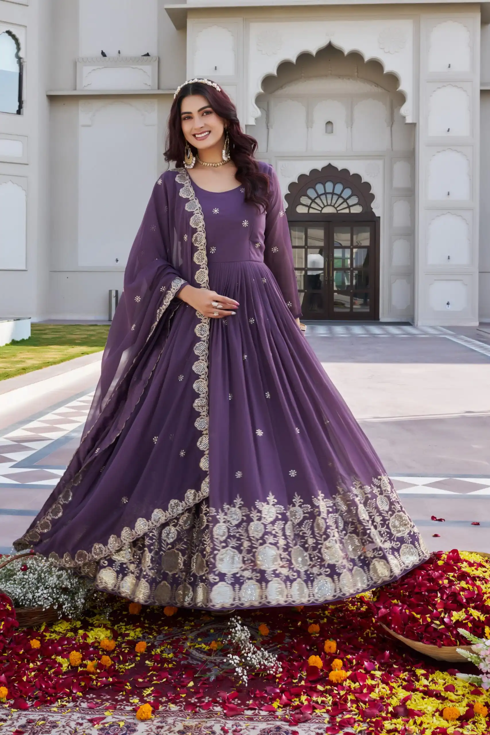 Ram 0153 Lavender in Fox Georgette. Embroidery Work Gown Wedding, Party, Festive, Events Get it for ₹2049. Delivery 4-6 Working Days. Shop now. | Bollywood Gowns, Creative Gowns, Designer Gowns, Embroidered Gowns, Gowns, Party Wear Gowns