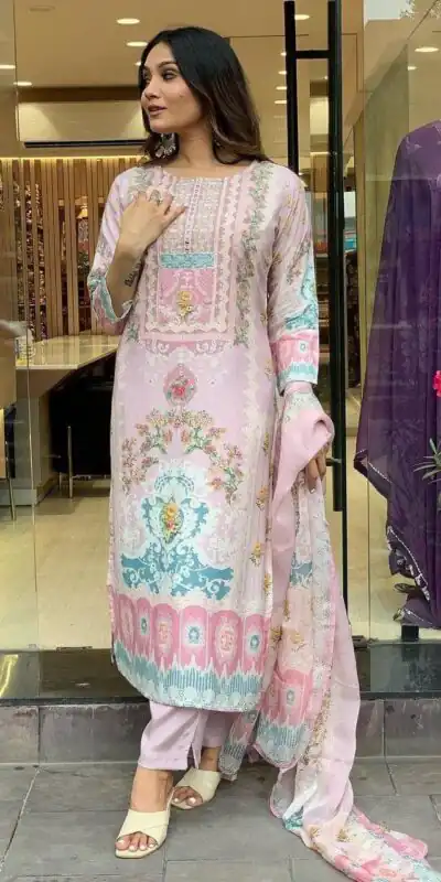 DC G22 Light Pink in Maslin Digital Print Salwar Suit . Wedding, Party, Festive, Events, Introductory Price ₹1749. Delivery 4-6 Working Days. Shop now. | Jump Suits, Straight Suits, Casual Suits, Creative suits, Designer Suits, Palazzo Suits, Party Wear Suits, Patiala Suits, Salwar suit