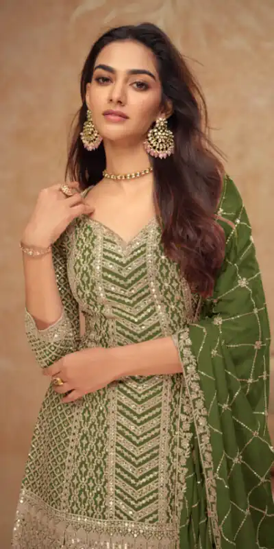 FC 7518 Mahendi Chinon Salwar Suit Perfect for Wedding, Party, Diwali, Durga Puja, Temple Visit – . Festive Deal ₹3099. Delivery 4-6 Working Days. | Jump Suits, Straight Suits, Tops & Bottoms, Track Suits, Trendy Wear, Casual Suits, Creative suits, Designer Suits, Palazzo Suits, Party Wear Suits, Patiala Suits, Salwar suit