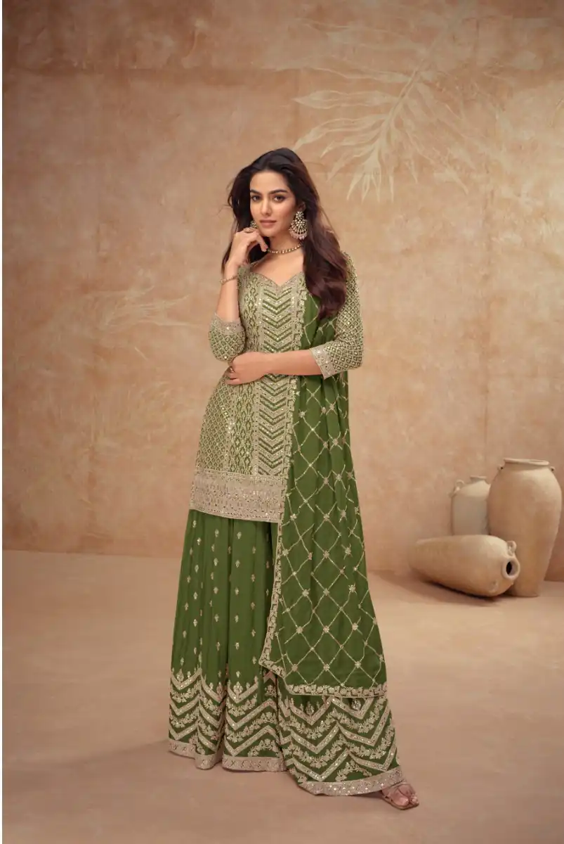 FC 7518 Mahendi Chinon Salwar Suit Perfect for Wedding, Party, Diwali, Durga Puja, Temple Visit – . Festive Deal ₹3099. Delivery 4-6 Working Days. | Jump Suits, Straight Suits, Tops & Bottoms, Track Suits, Trendy Wear, Casual Suits, Creative suits, Designer Suits, Palazzo Suits, Party Wear Suits, Patiala Suits, Salwar suit