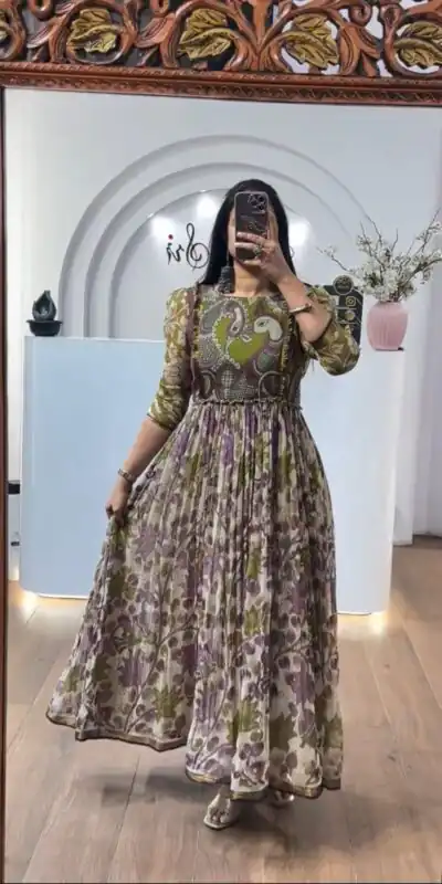 PC 540 Mahendi Color Cota checks Gown with Kalamkari Print. Wedding, Party, Festive Introductory Price ₹1849. Delivery 4-6 Working Days. Shop now. | Bollywood Gowns, Creative Gowns, Designer Gowns, Embroidered Gowns, Gowns, Party Wear Gowns