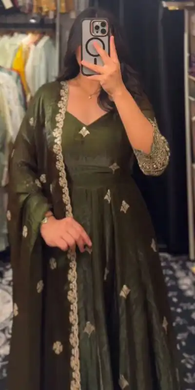 KD 1564 Mahendi Fendy Silk Gown Perfect for Wedding, Party, Durga Puja, Festival Celebrations, Ganesh Chaturthi – . Best Price ₹2399. Delivery 4-6 Wor | Bollywood Gowns, Creative Gowns, Designer Gowns, Embroidered Gowns, Gowns, Party Wear Gowns